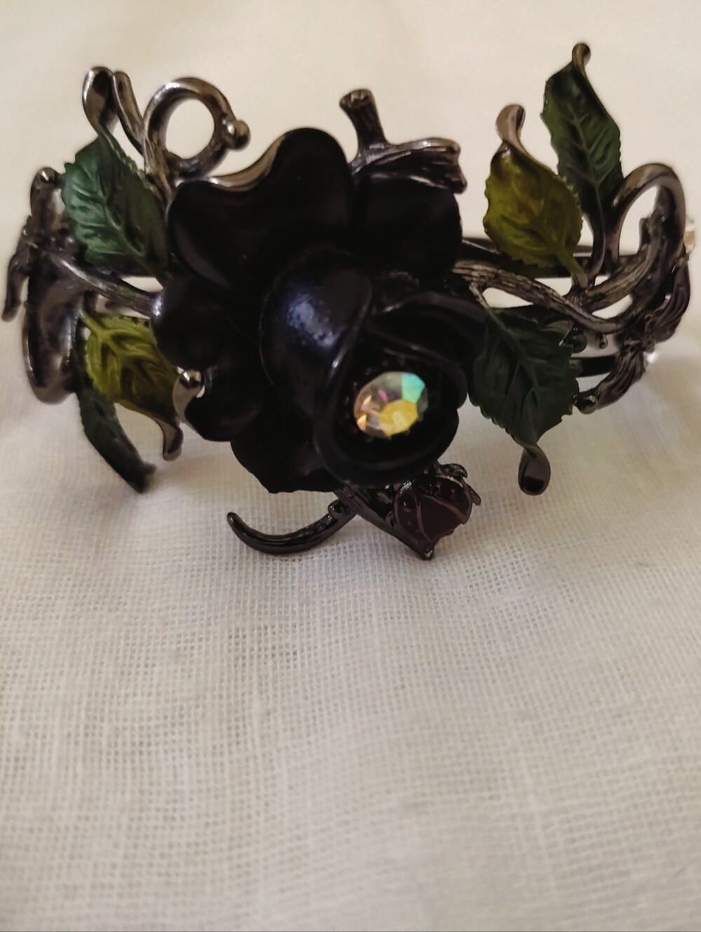 Vintage Gothic Black Rose & Butterfly Hinged Cuff Bracelet – Green Enamel Vine